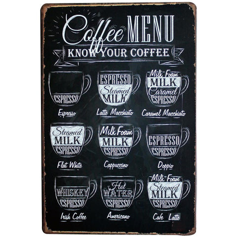 Vintage Coffee Menu Tin Sign